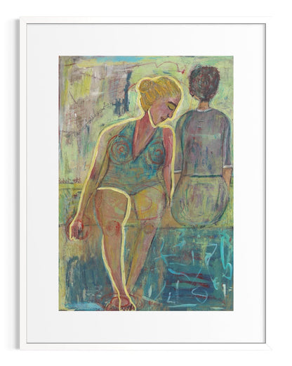 Artistic depiction of two figures standing close to each other on a textured background