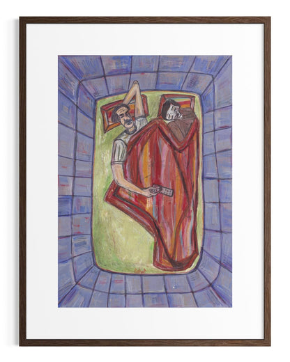 Framed artwork of a person lying in a bed with a colorful abstract design.