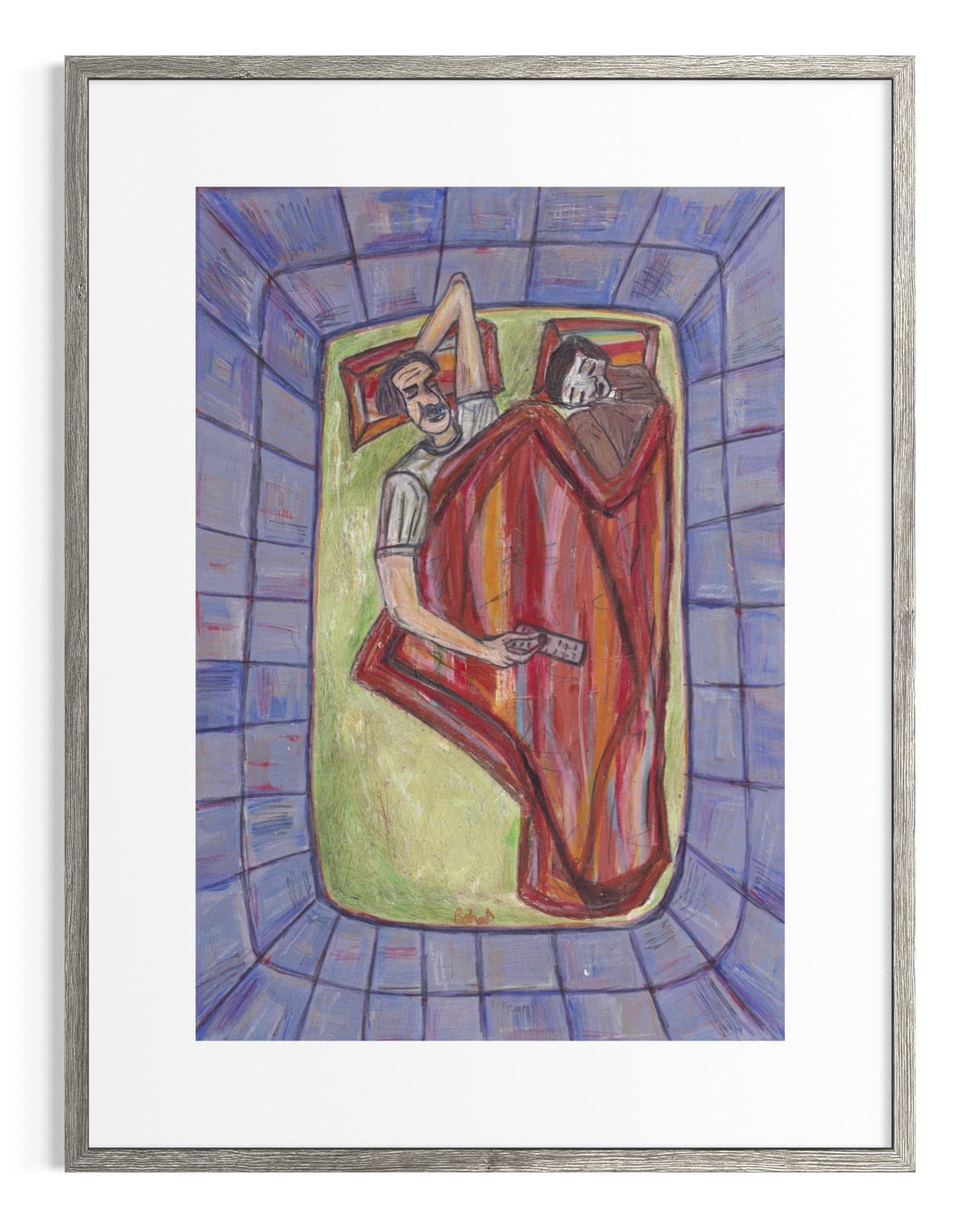 Framed artwork of a person lying on a bed with a colorful abstract design.