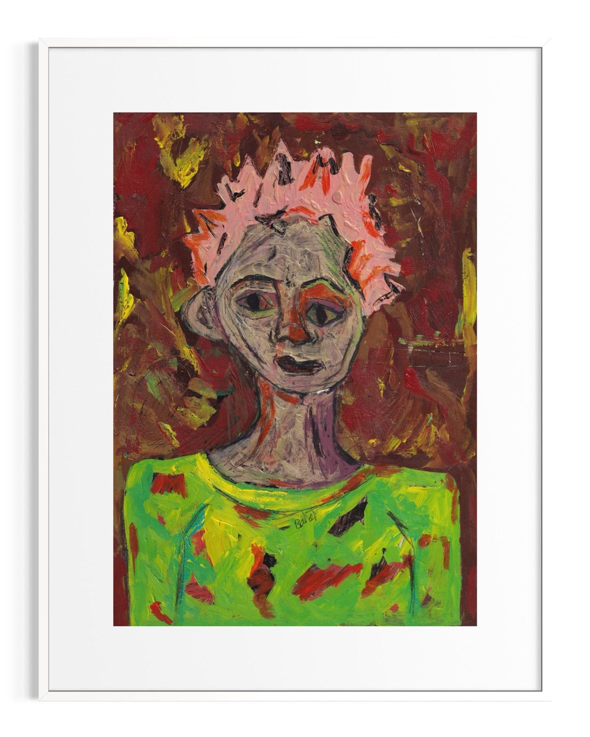 Artistic portrait with a colorful background and a person wearing a pink headpiece.