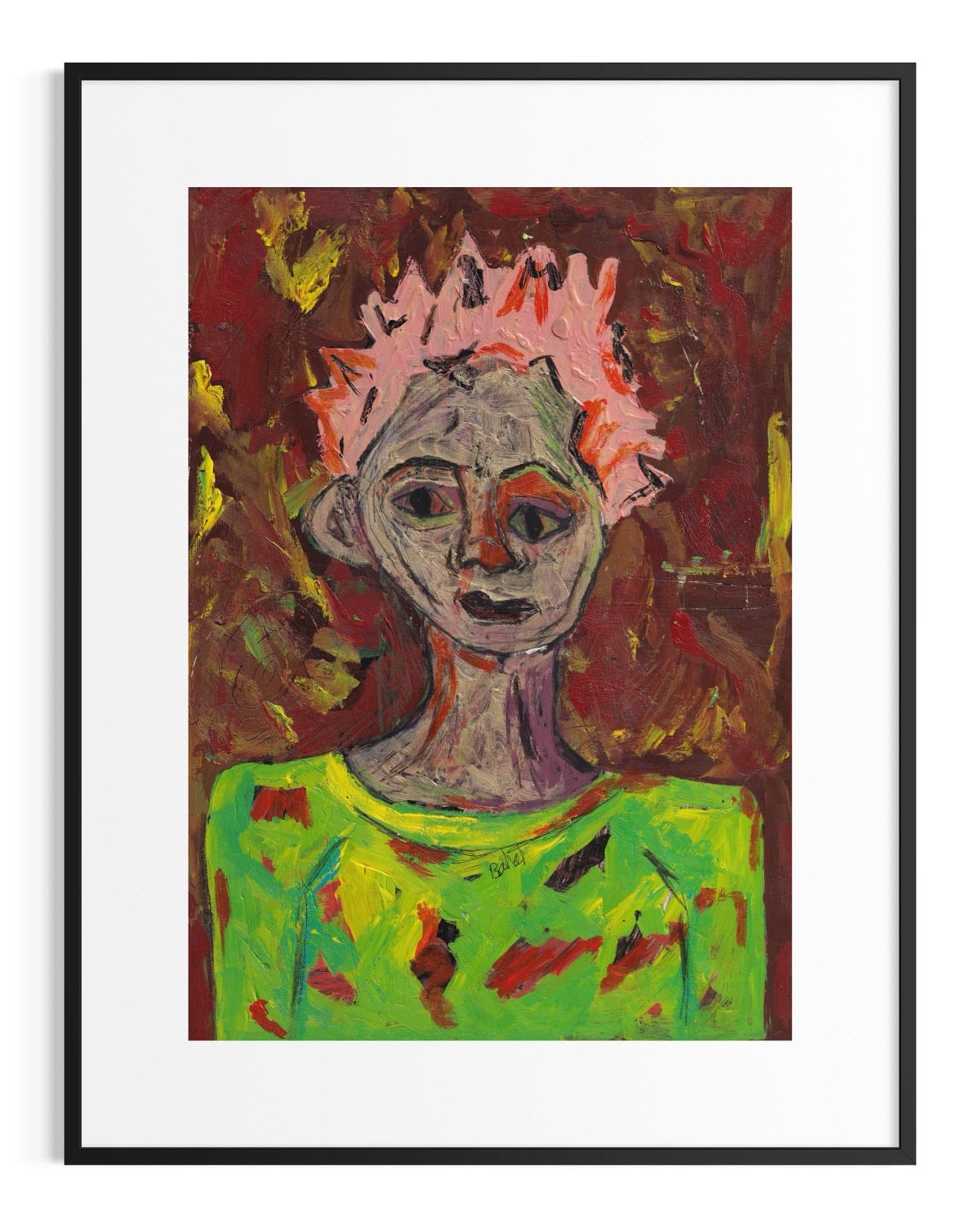 Framed abstract painting of a figure with a colorful background