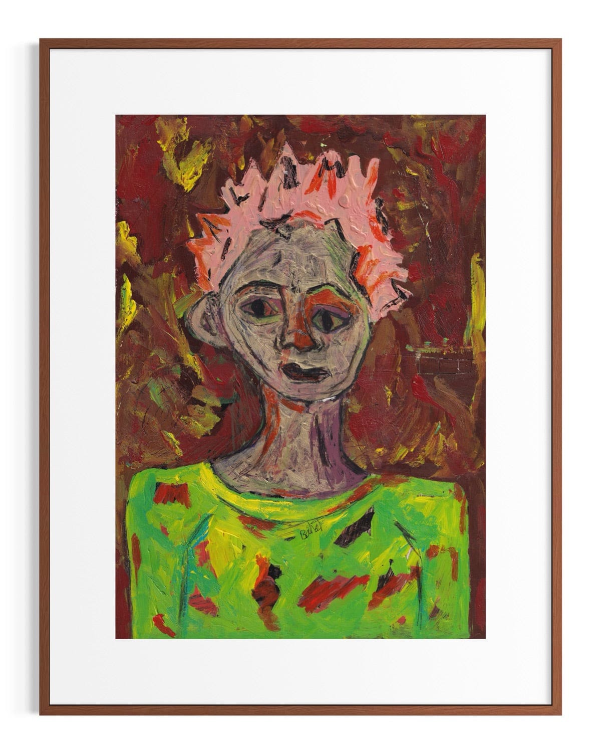 Framed abstract artwork with a colorful depiction of a figure wearing a pink headpiece.