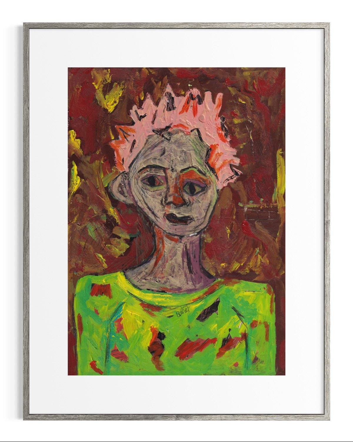 Framed abstract painting of a figure with a colorful background