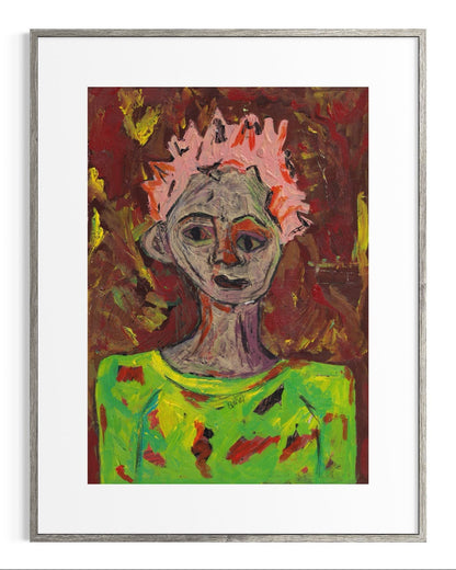 Framed abstract painting of a figure with a colorful background