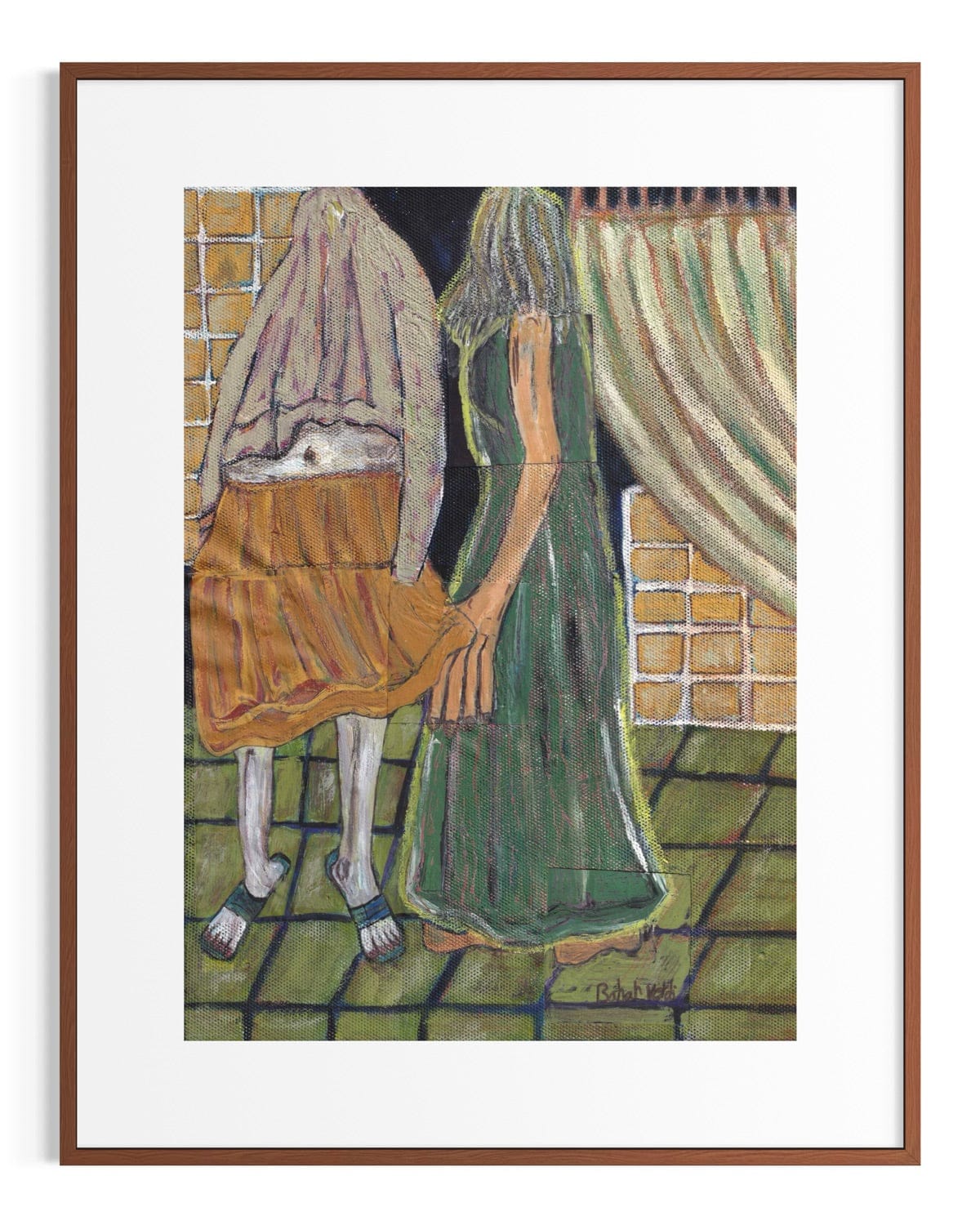 Framed artwork of two figures in a room with curtains and a tiled floor.