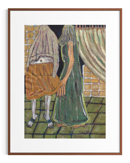 Framed artwork of two figures in a room with curtains and a tiled floor.