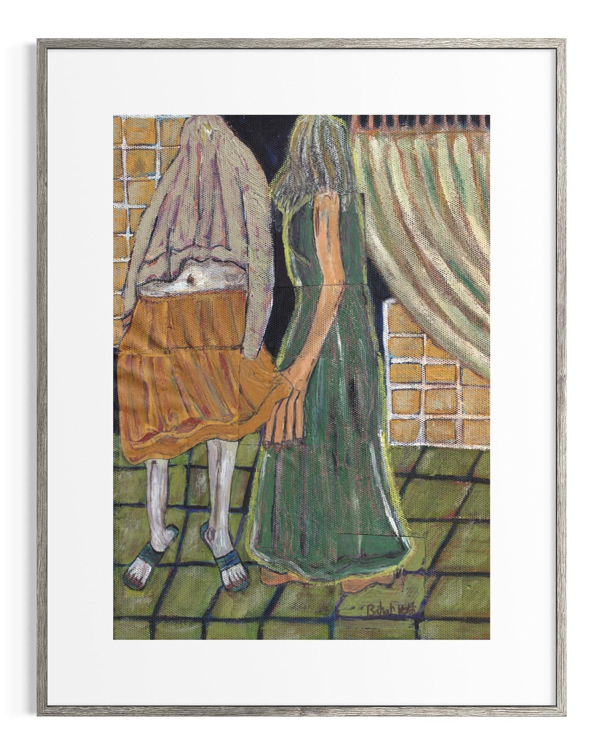 Artistic depiction of two figures in a room with curtains and a tiled floor.