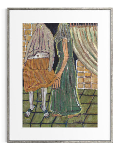 Artistic depiction of two figures in a room with curtains and a tiled floor.