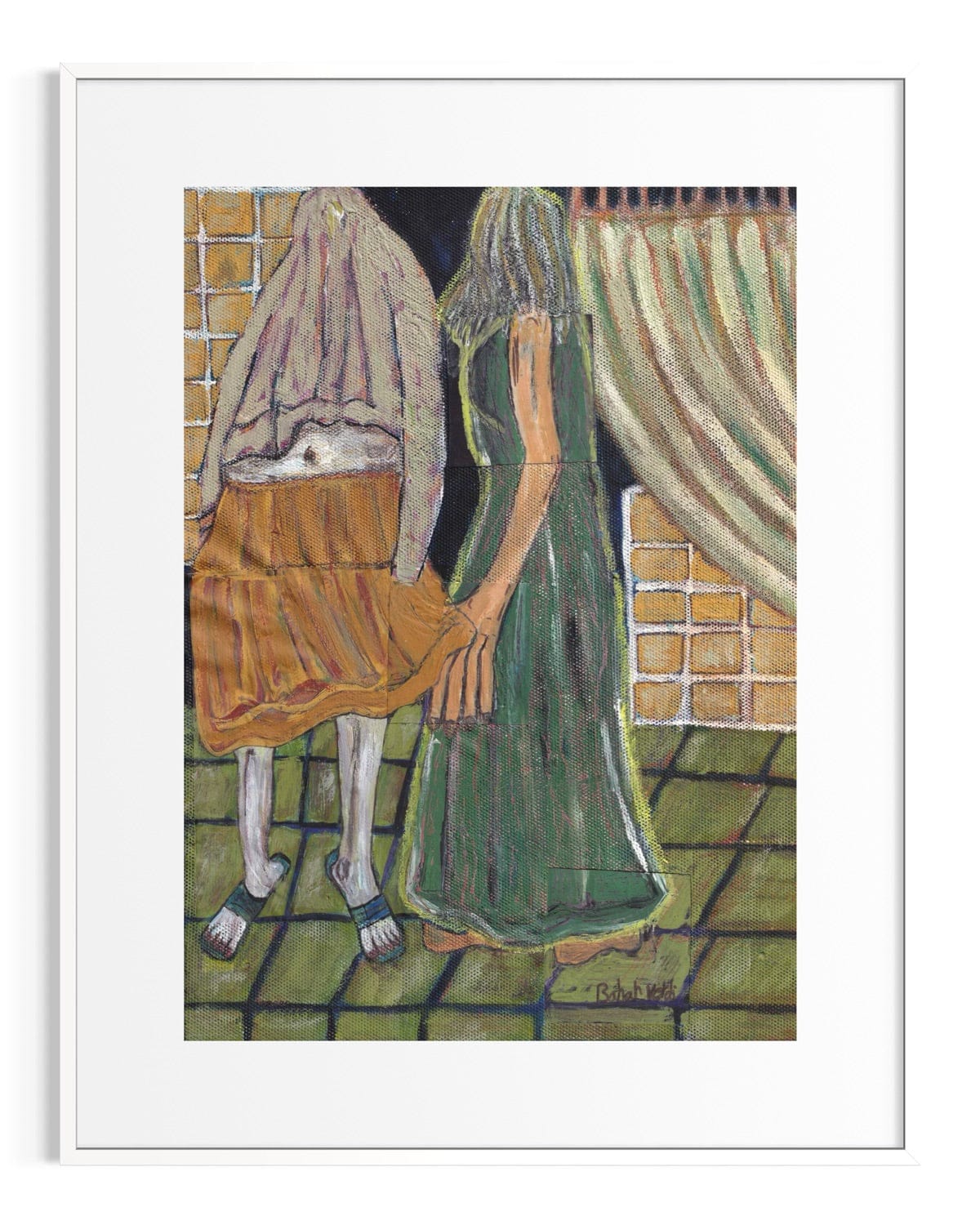 Artistic depiction of two figures in a room with curtains and a tiled floor.