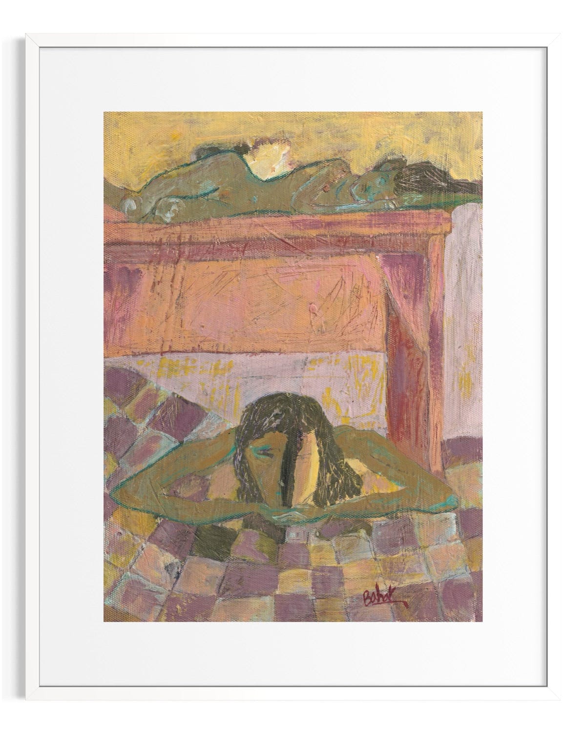 Artistic depiction of a horse lying on a checkered floor with a fireplace in the background.