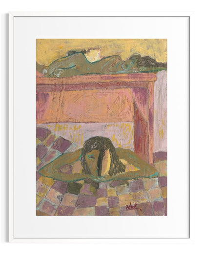 Artistic depiction of a horse lying on a checkered floor with a fireplace in the background.