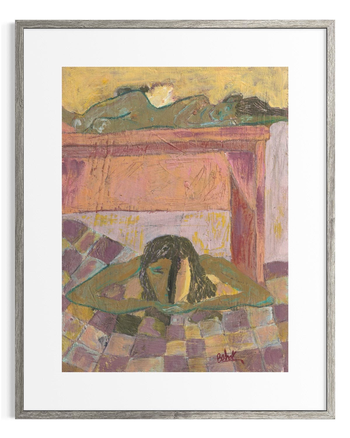 Framed artwork of a woman lying on a checkered floor with a fireplace in the background.