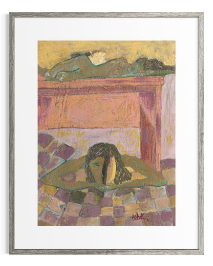 Framed artwork of a woman lying on a checkered floor with a fireplace in the background.