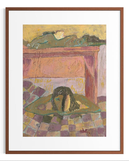 Framed artwork of a woman lying on a checkered floor with a fireplace in the background.