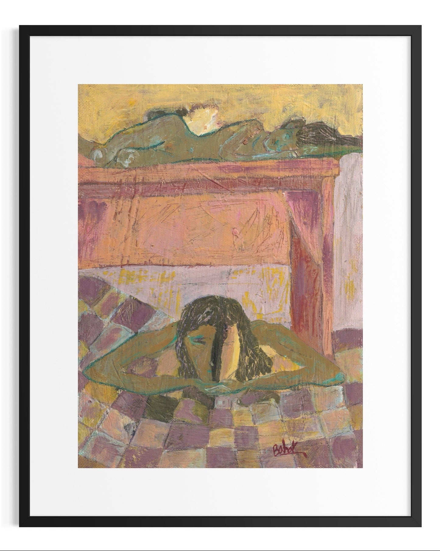 Framed artwork of a woman lying on a checkered floor with a colorful wall in the background.