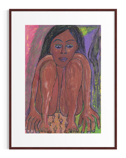 Framed artwork of a stylized figure with vibrant colors on a white background