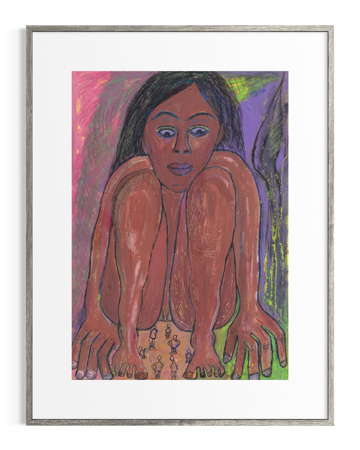 Framed artwork of a stylized figure with vibrant colors on a white background