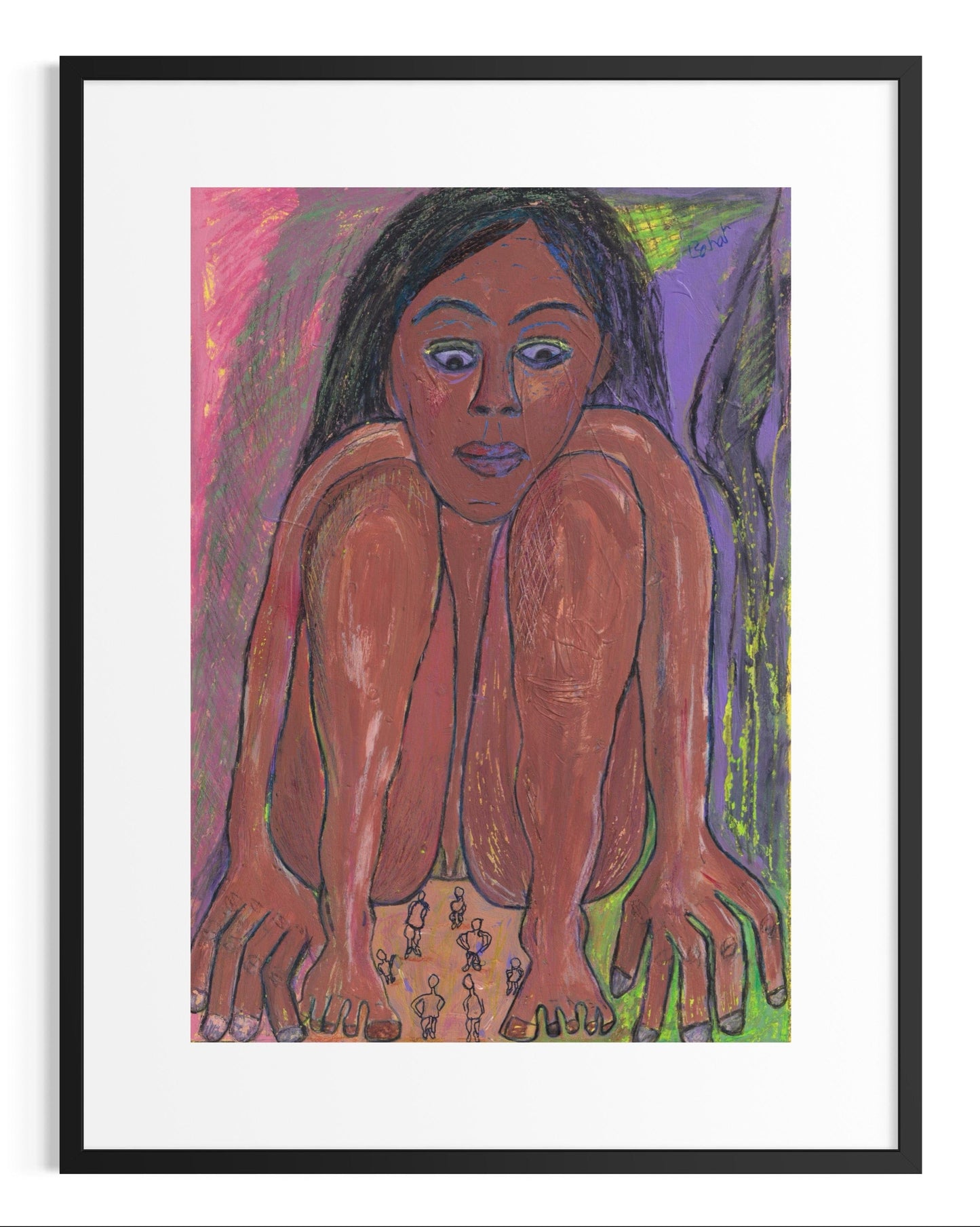 Framed artwork of a stylized figure with a colorful background