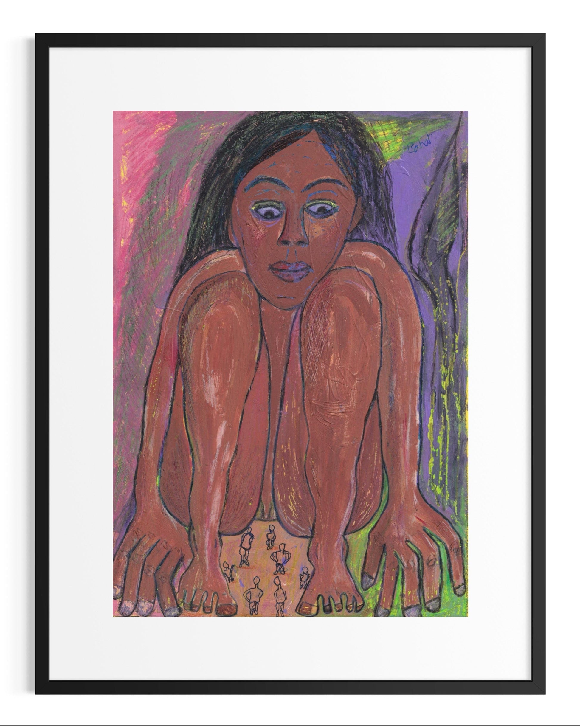 Framed artwork of a stylized figure with a colorful background