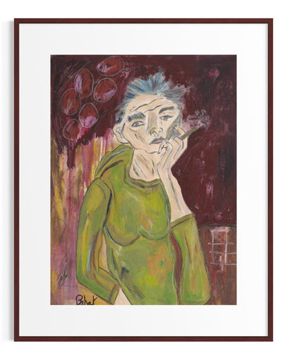 Framed artwork of a person in a green dress with a dark, abstract background