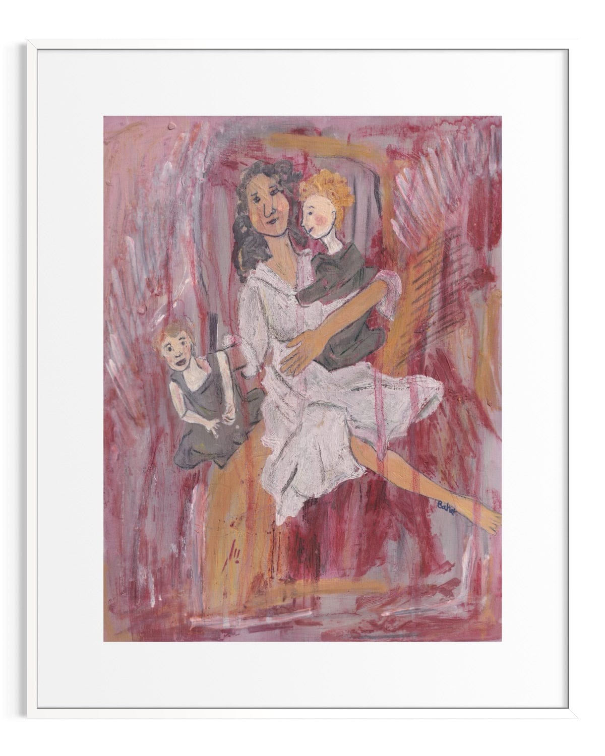 Artistic depiction of a woman holding a child with another child sitting on a chair, framed in white.
