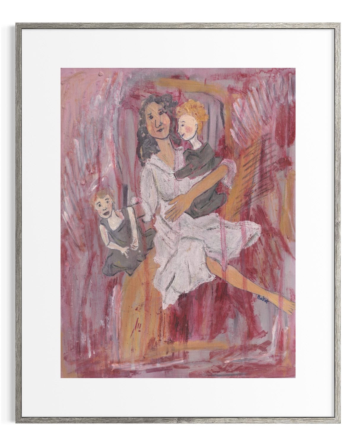 Framed artwork of a woman holding a child with another child sitting on a chair, against a pink background.