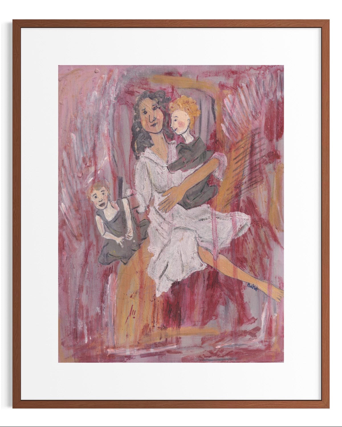 Framed artwork of a woman holding a child with another child sitting on a chair, set against a pink background.