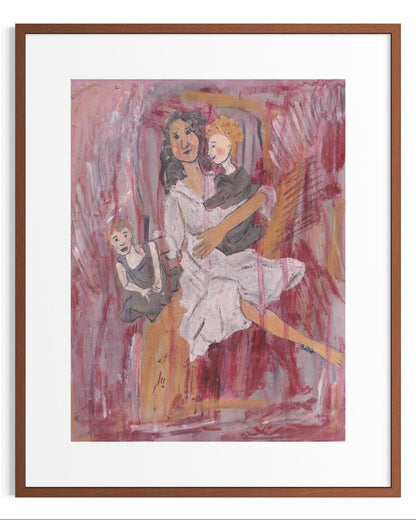 Framed artwork of a woman holding a child with another child sitting on a chair, set against a pink background.