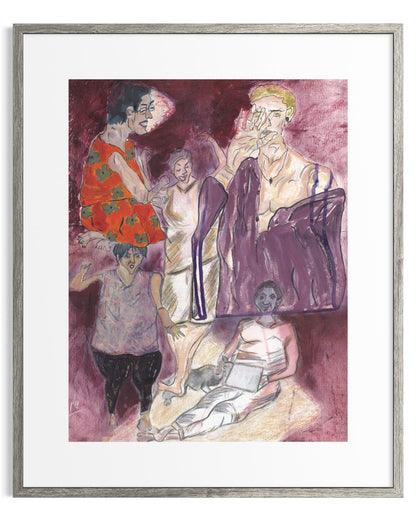 Framed artwork of a group of people in a stylized, abstract manner.