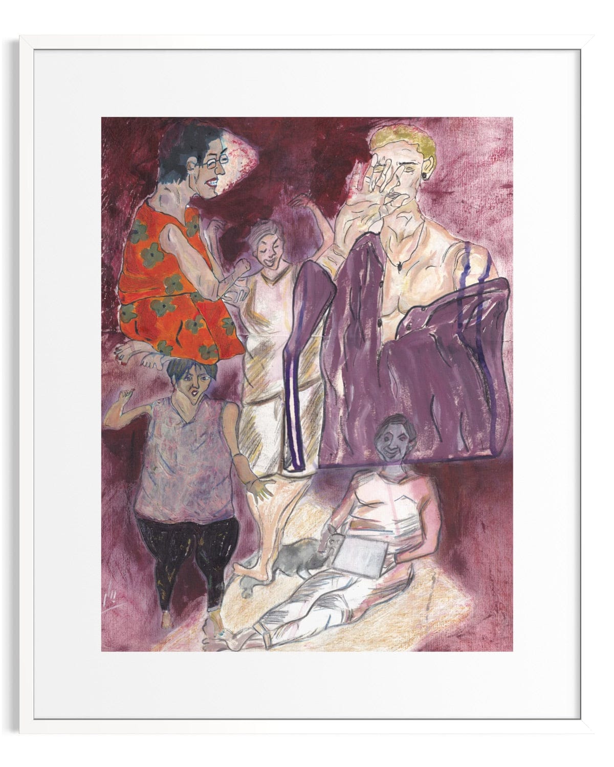 Artistic depiction of five figures in a stylized manner with a white border.