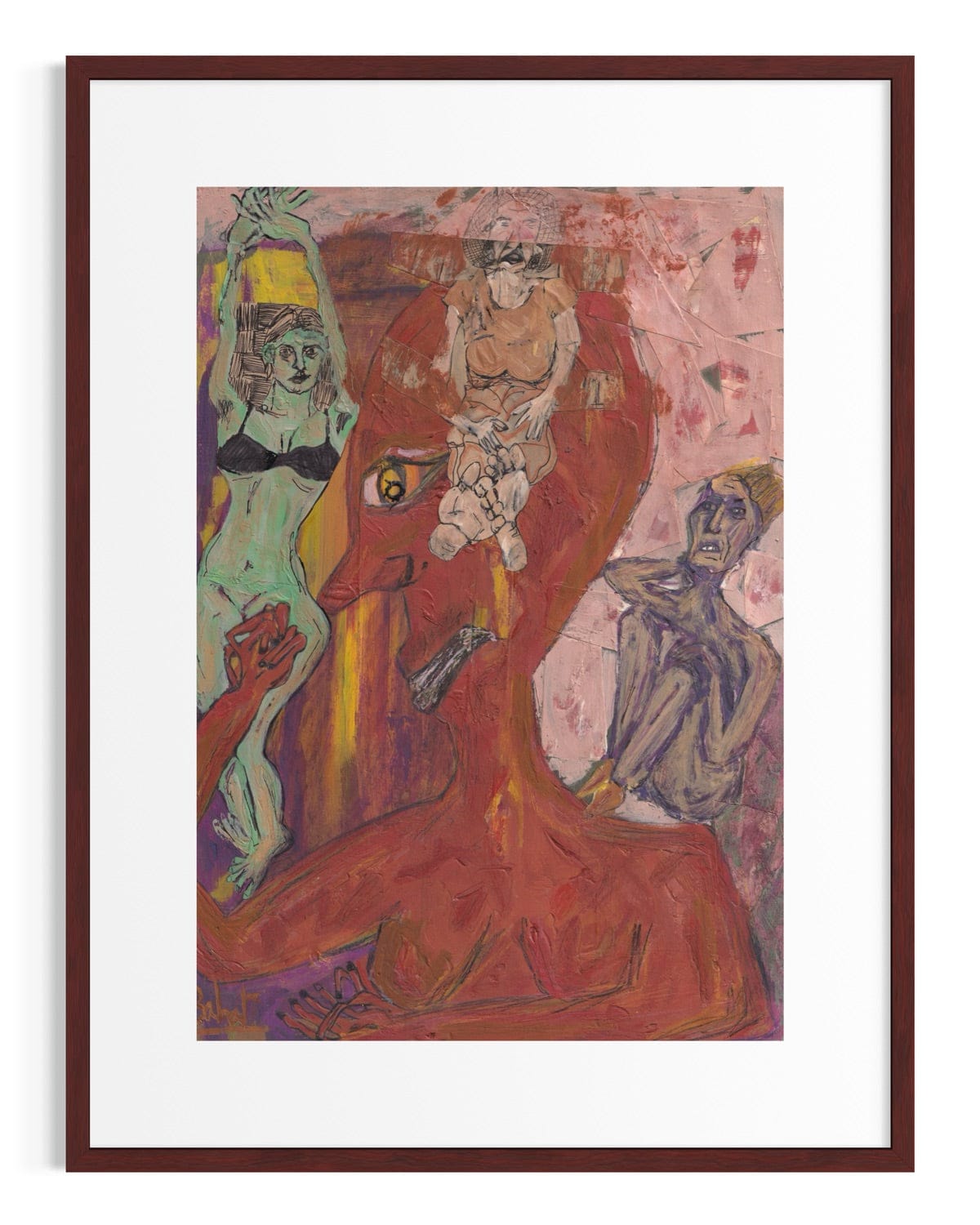 Framed abstract artwork with colorful figures on a white background