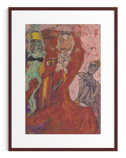 Framed abstract artwork with colorful figures on a white background
