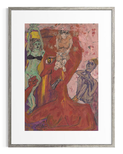 Framed abstract artwork with colorful figures on a white background