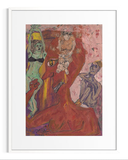 Framed abstract artwork with colorful figures