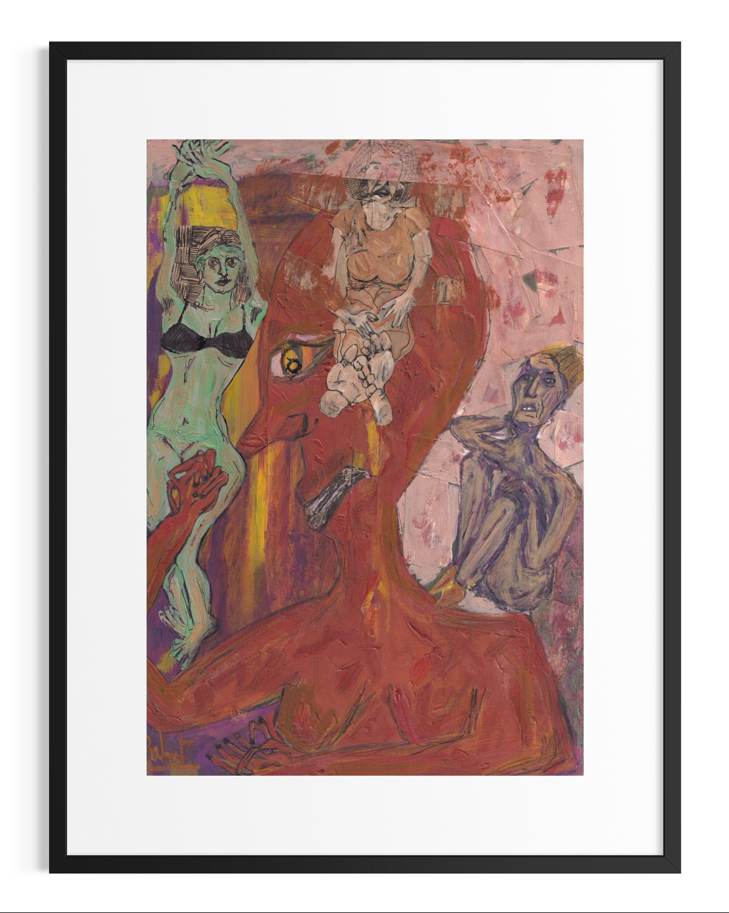 Abstract artwork with colorful figures in a black frame