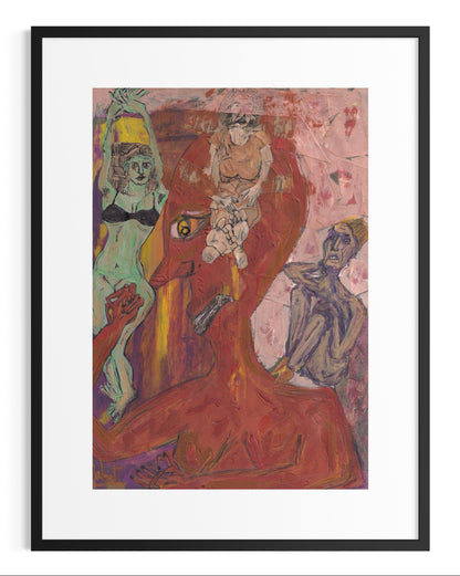 Abstract artwork with colorful figures in a black frame
