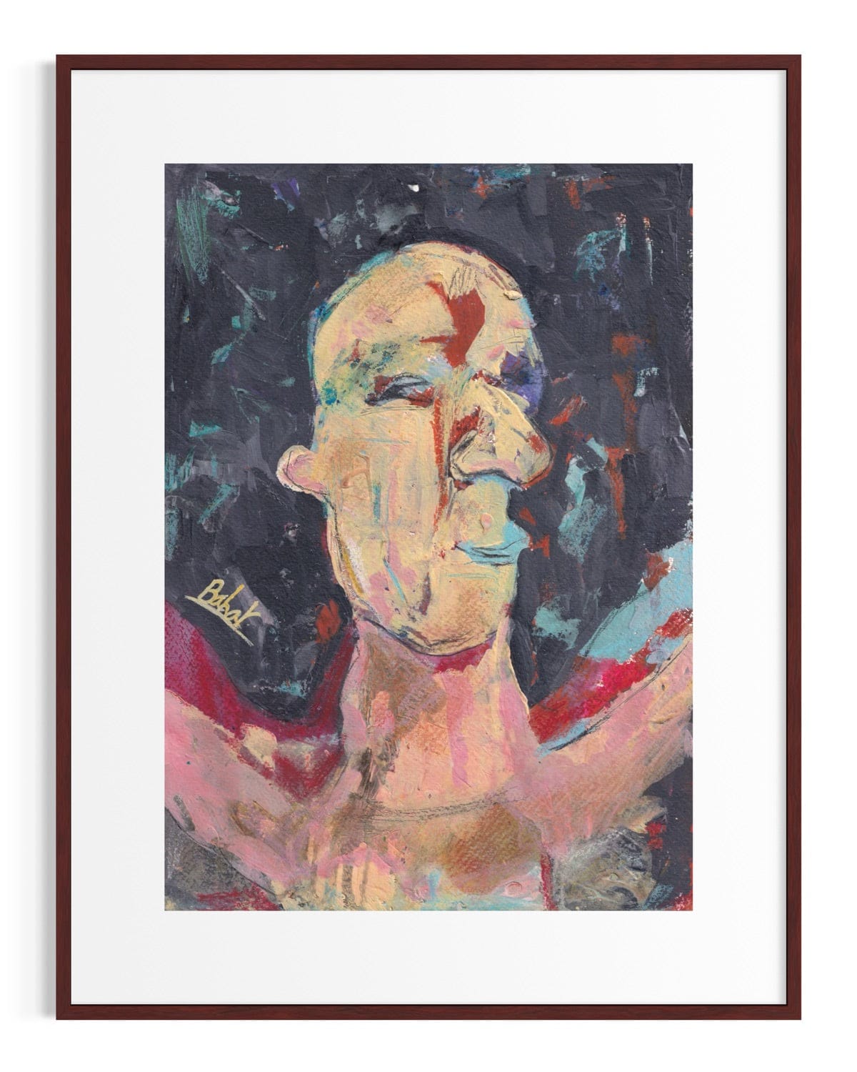 Framed abstract painting of a face with colorful strokes on a dark background