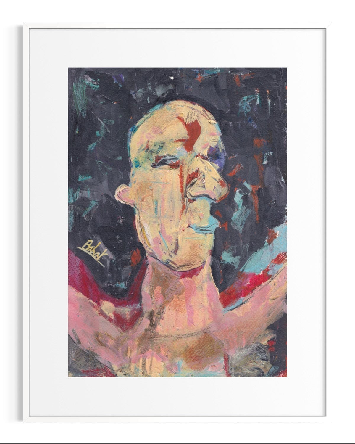 Abstract painting of a face with colorful strokes on a dark background