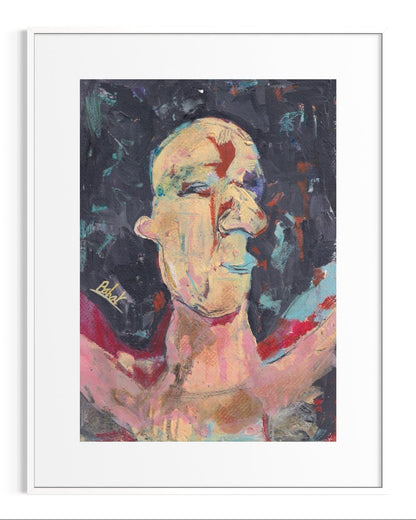 Abstract painting of a face with colorful strokes on a dark background