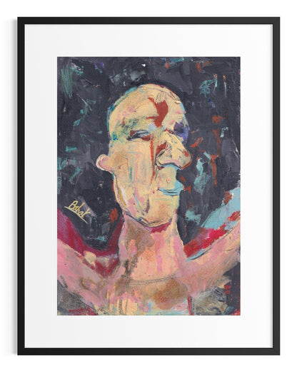 Framed abstract painting of a face with colorful strokes on a dark background