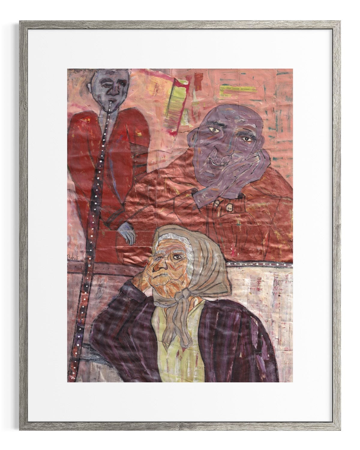 Framed artwork with a portrait of an elderly woman and abstract faces on a red background.