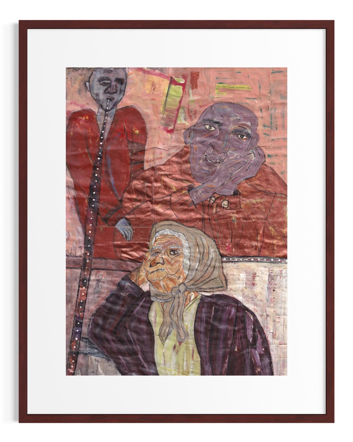 Framed artwork with a stylized portrait of an elderly woman and abstract elements.