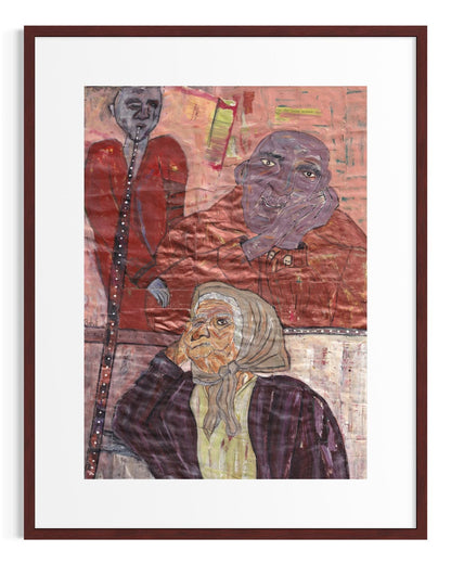 Framed artwork with a stylized portrait of an elderly woman and abstract elements.