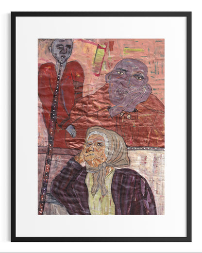 Framed artwork with a stylized portrait of an elderly woman and abstract elements.
