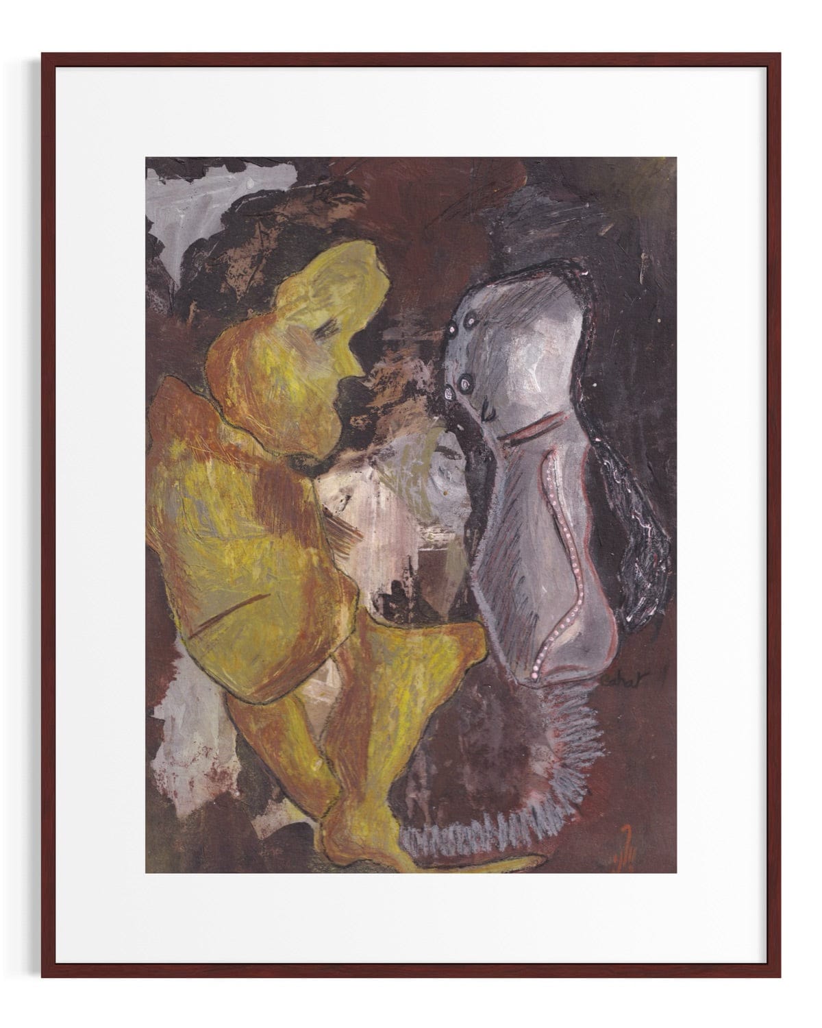 Framed artwork of a person in yellow sitting next to a white shoe.