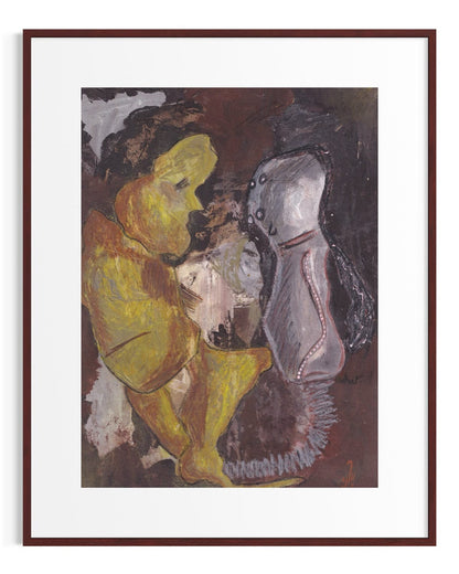 Framed artwork of a person in yellow sitting next to a white shoe.