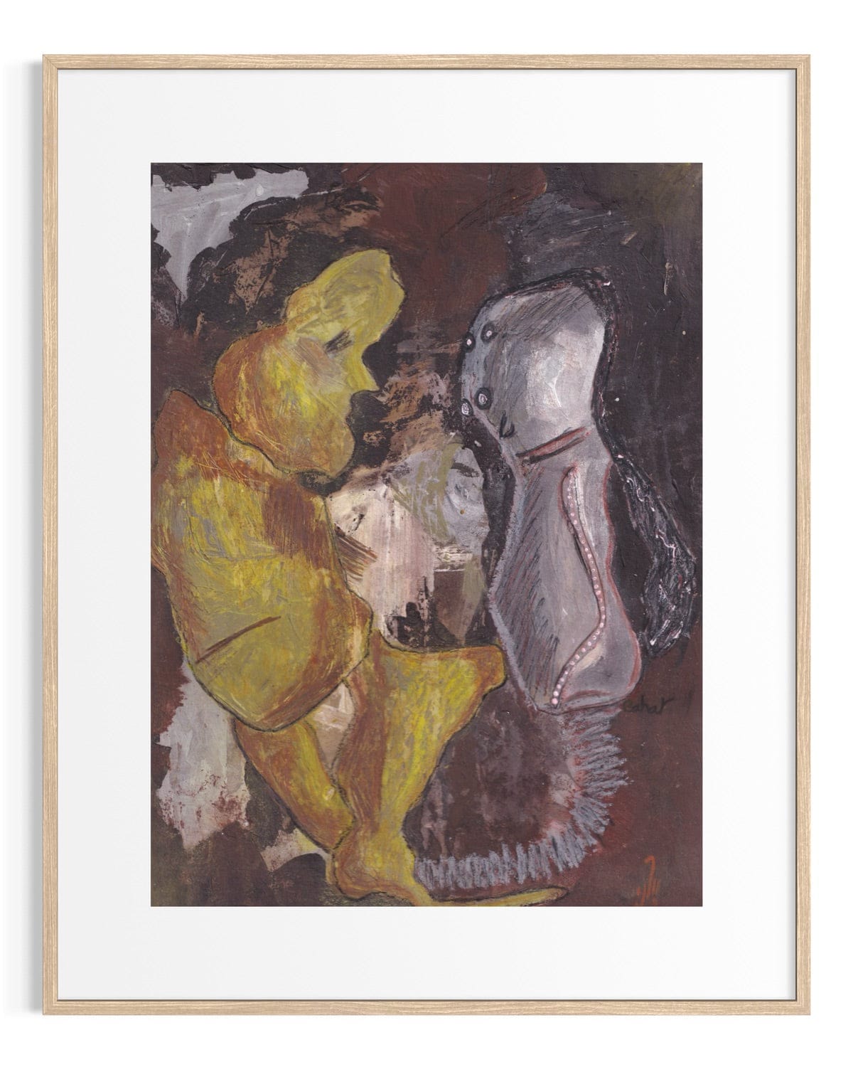 Framed artwork of a person in yellow sitting next to a white shoe on a dark background