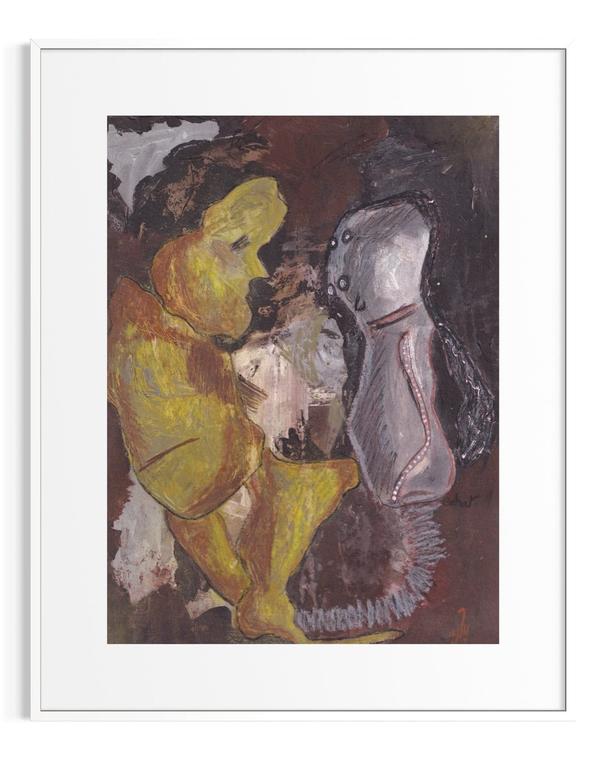 Framed artwork of a person in yellow sitting next to a white shoe.