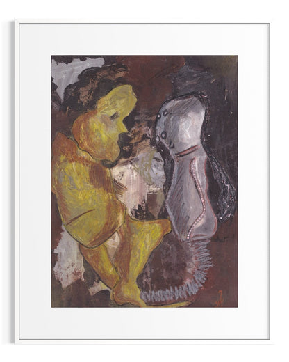 Framed artwork of a person in yellow sitting next to a white shoe.