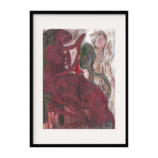 This artwork features a dynamic interplay of figures and abstract forms, dominated by deep red hues. The composition is intense and emotive, with figures seemingly in a dance or struggle. The textured background adds depth and complexity.